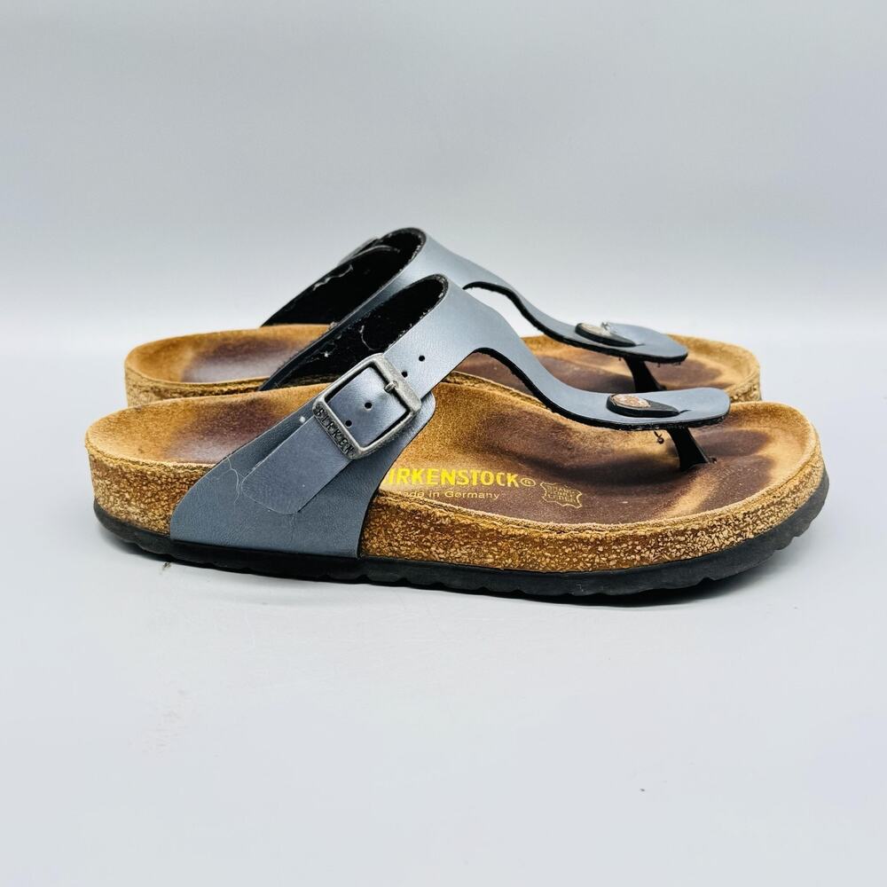 Birkenstock Sandals Womens 7 Gray Gizeh Thong Cork Footbed Buckle Strap Comfort